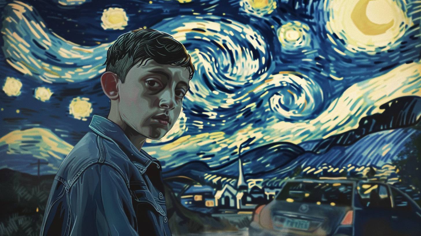 A magazine cover where the image of Sam from the Atypical series is combined with the background of Van Gogh's starry night, which has the title “musesai”. Keep it simple, it's for a short film.