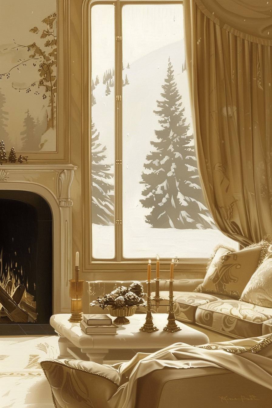 暖かな地色と柔らかいクッションで飾られた、暖かく居心地の良いリビングルーム。広大な窓からは、雪景色、松の木、遠くの山脈が見渡せます。快適さとリラックスに重点を置いた、居心地の良いスタイルです。このシーンは油絵で描かれています。