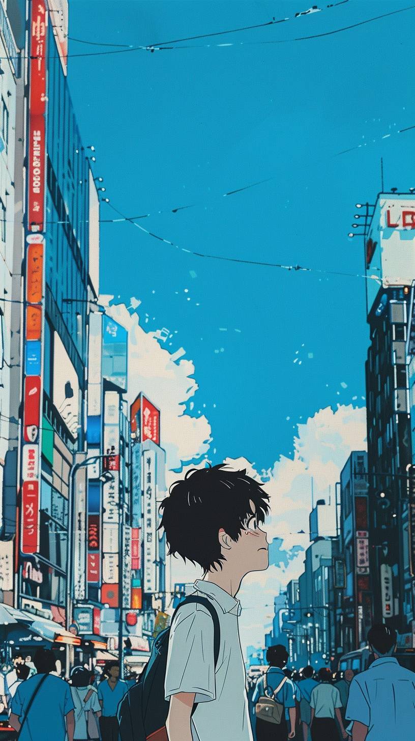 渋谷の街で男の子が泣いている。アニメのような人々が横切って歩いているが、男の子だけが私の方を向いている。彼女の髪は短くて黒く、今流行のミニスカートを着用している。宮崎駿風の絵で描かれている。空は青空--s 400 --ar 9:16  --v 6.0