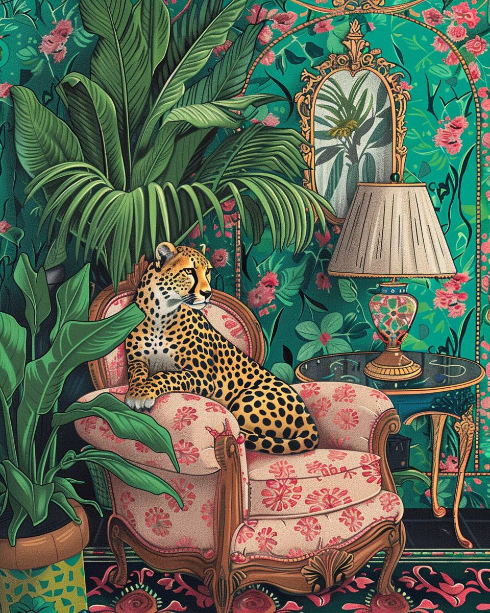Maximalist illustration of a cheetah on a vintage chair in a living room, surrounded by potted plants, a lamp, mirror, William Morris floral print pattern, leopard print, and colorful, pink, green, blue, zebra print.