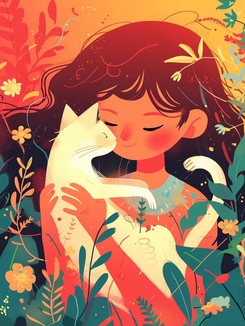 A cat playing with a cute little girl, a healing, warm gradient background, the style of illustrator Malika Favre, rich details, flowers and plants, bold shape, a simple vector art style. The composition is simple and clear.