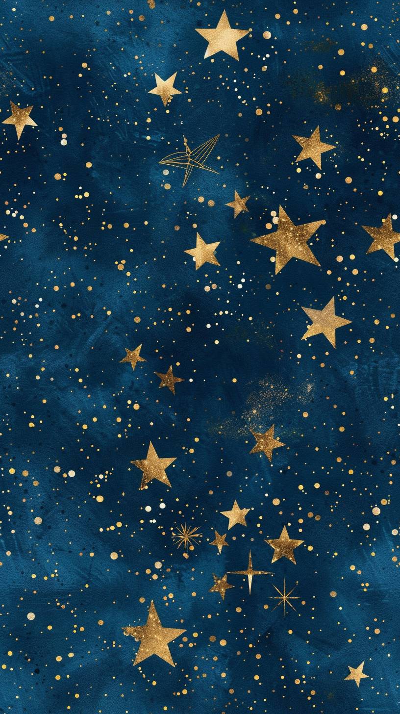 Starry sky blue and gold wallpaper, in the style of dark navy and light navy, whimsical animation, cute and dreamy, light red and dark indigo, delicate gold detailing, glitter, calming. A gold starry sky on navy blue background, in the style of whimsical and playful, light sky-blue and light beige, dusty piles, navy and gold, Simeon Solomon, cute and dreamy. A blue and gold wallpaper featuring stars and a border, in the style of dark sky-blue and dark navy, whimsical animation, cute and dreamy, calming effect, glitter, organic material, light crimson and dark blue. Gold stars with navy blue background, in the style of imaginative spacescapes, light sky-blue and light beige, storybook-like, calming, whimsical charm, glitter