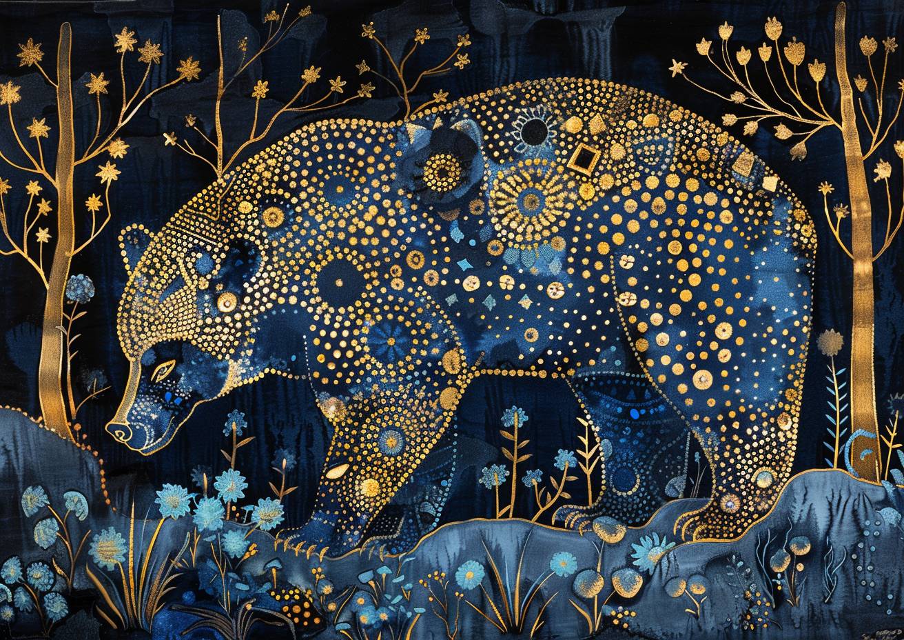 Ink wash painting on batik silk, a mighty bear in an enchanted forest, formed from phosphor dots in gold and blue, in the style of Gond art, intricate details, tenebrism, glowing radiant colours, strong visual flow