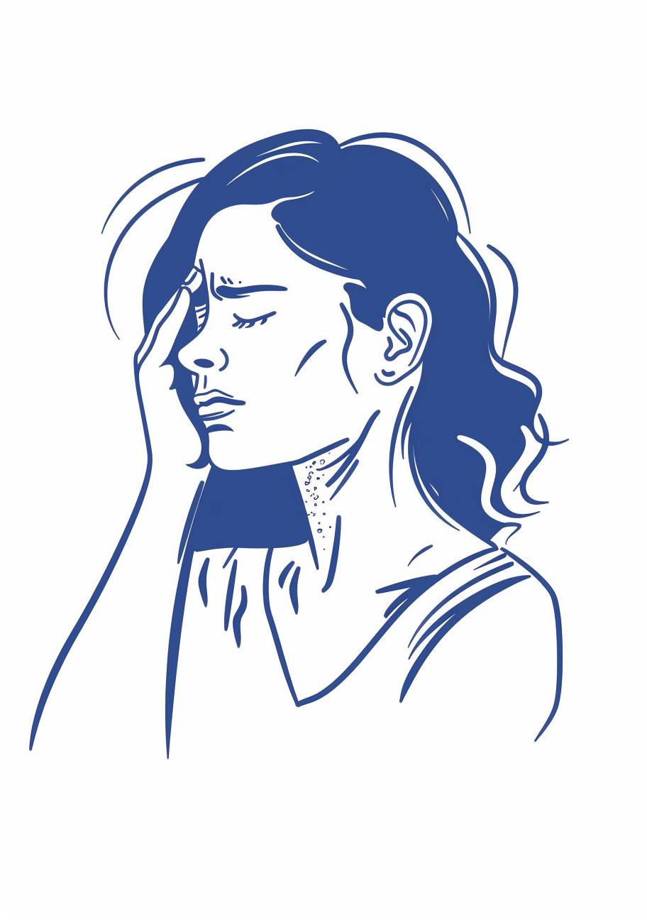 耳を押さえて痛みを感じている女性、白い背景に青色のアウトラインで描かれたシンプルなフラットベクターイラスト、カートゥーン風、手描きのダッドル、シンプルなアイコン、ミニマリスト、2D