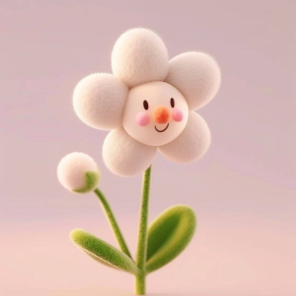 a 3D rendering of a very cute white flower, in wool texture, against a white background