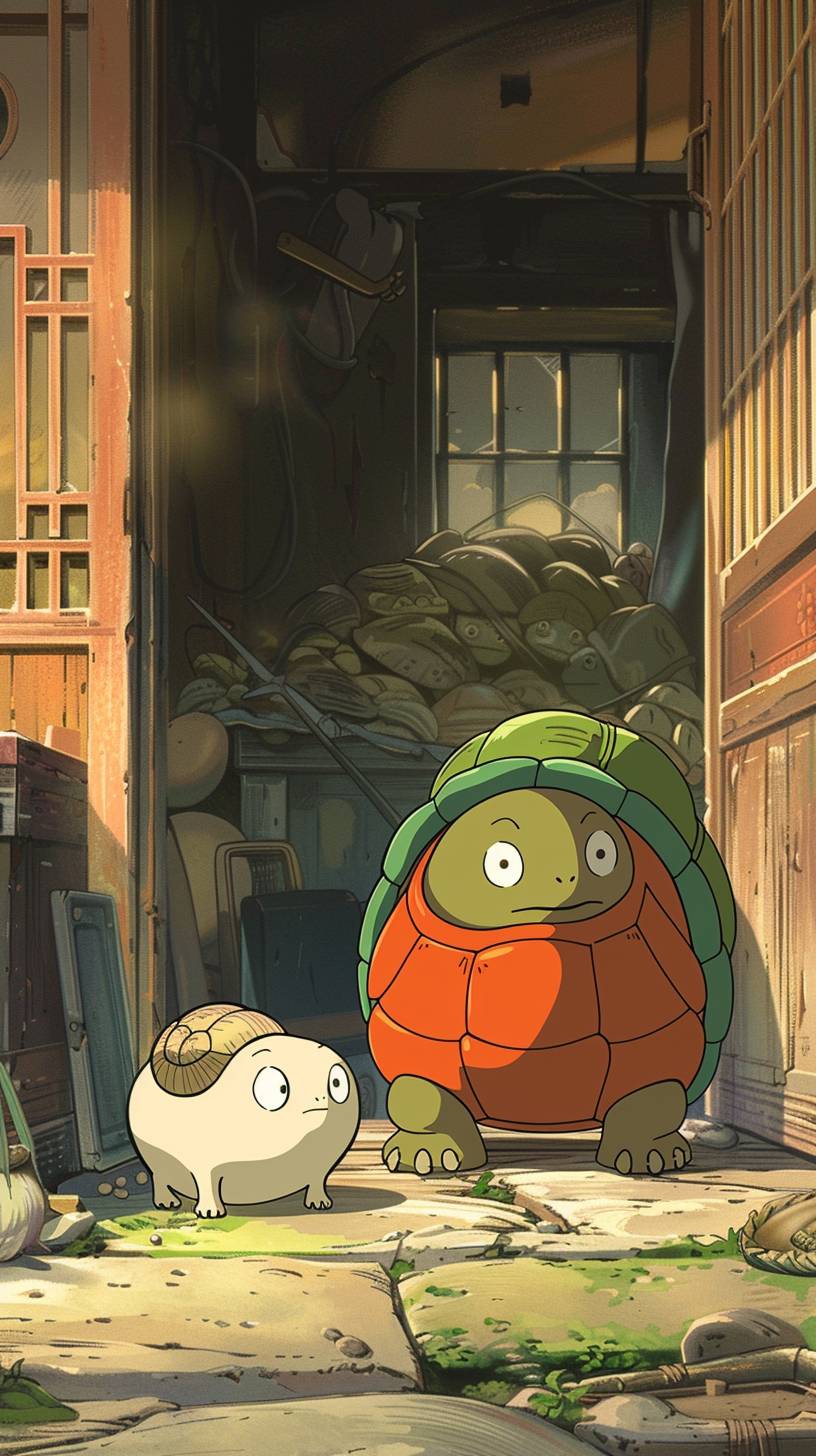 A cartoon picture of an orange turtle with a green shell with a pained expression, sitting on the floor next to it is a white snail that has brown shells. Both of them have the same size. A small door in front of them opens up. In the style of Chinese animation, colorful cartoon characters with a traditional color scheme and using Wu Guanzhong's expressionist techniques. Also using an ink painting style, flat design with simple lines, Chinese punk style, line drawing, and high-definition images.