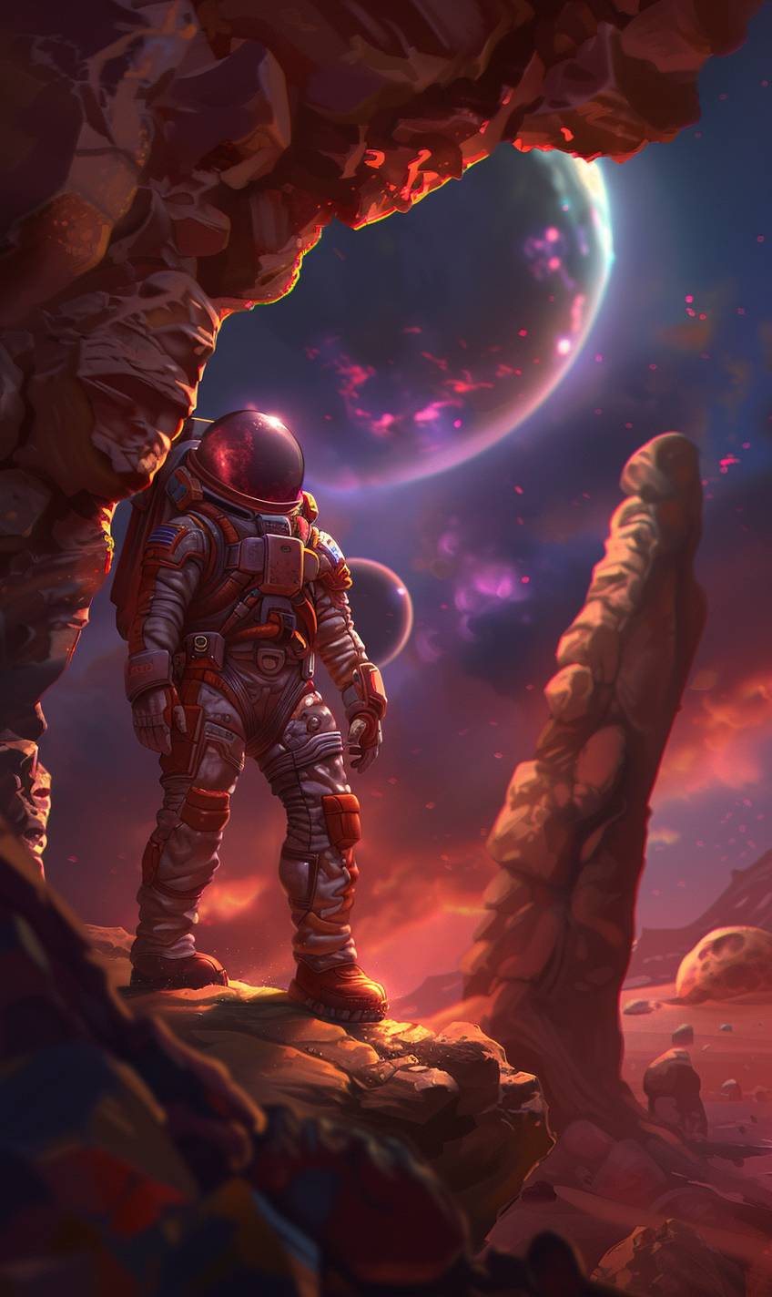 宇宙飛行士が遠い惑星を探索し、奇妙な岩の形態があるエイリアンの風景、空に遠い銀河が見え、ハイテクスーツ