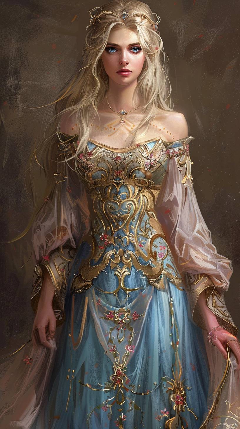 ディテールの細かい明るい青いドレスを着たブロンドの女性、青、金、ピンク色調。美しいアートワーク、8Kのレトロアニメアート。星の美しい王女、金髪のブルーアイズ、プレーンな濃い茶色の背景の中で。