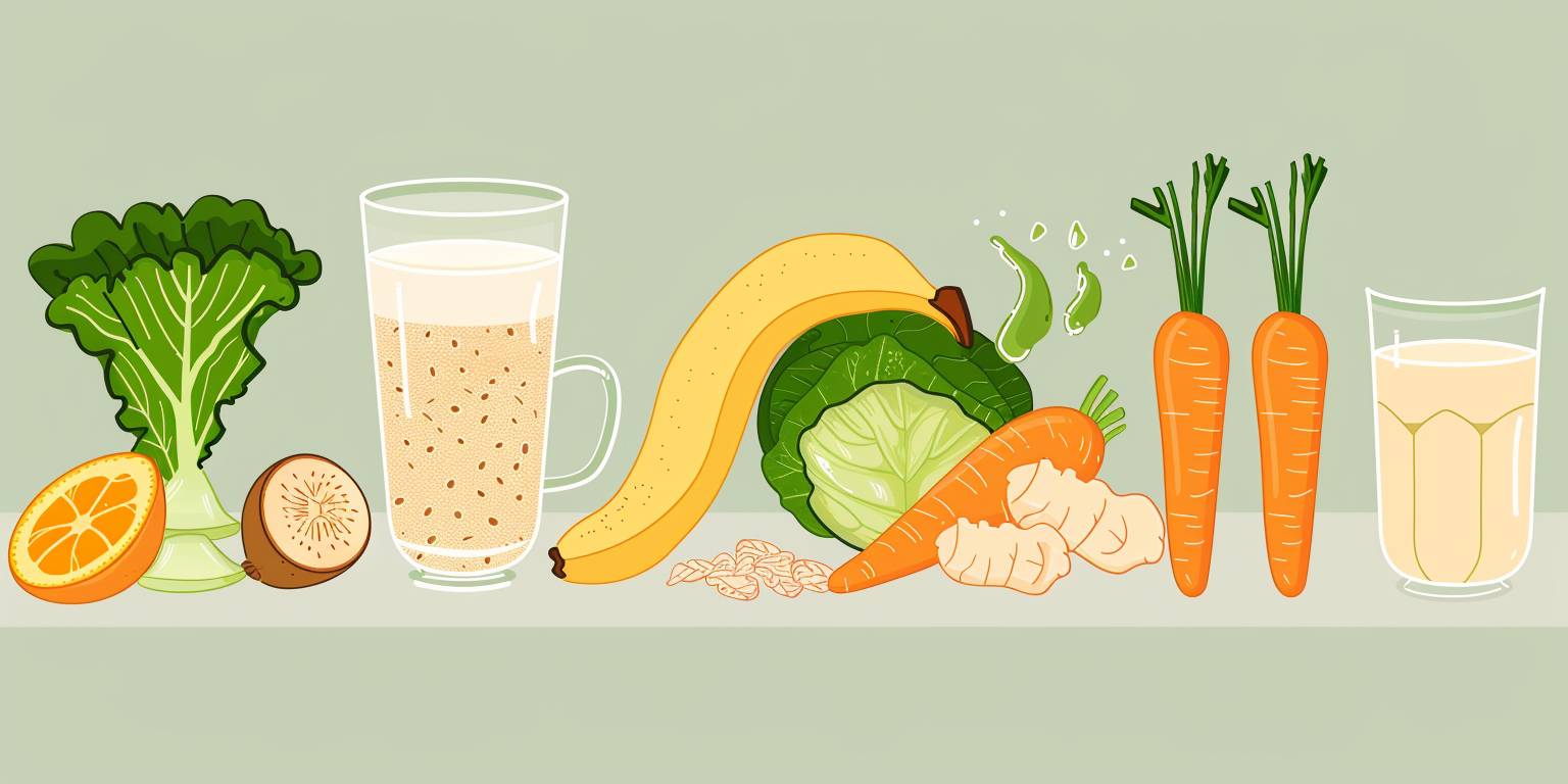 Illustration showing a banana, oats, cabbage, carrots, milk, green tea, and ginger tea together