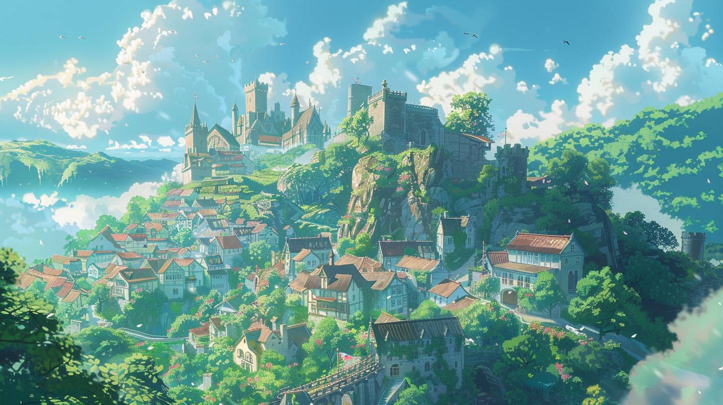 a fantasy town with a castle on the hilltop, in the style of ray tracing, soft and dreamy depictions, en plein air, light-filled scenes, pigeoncore, detailed character design, light cyan and green