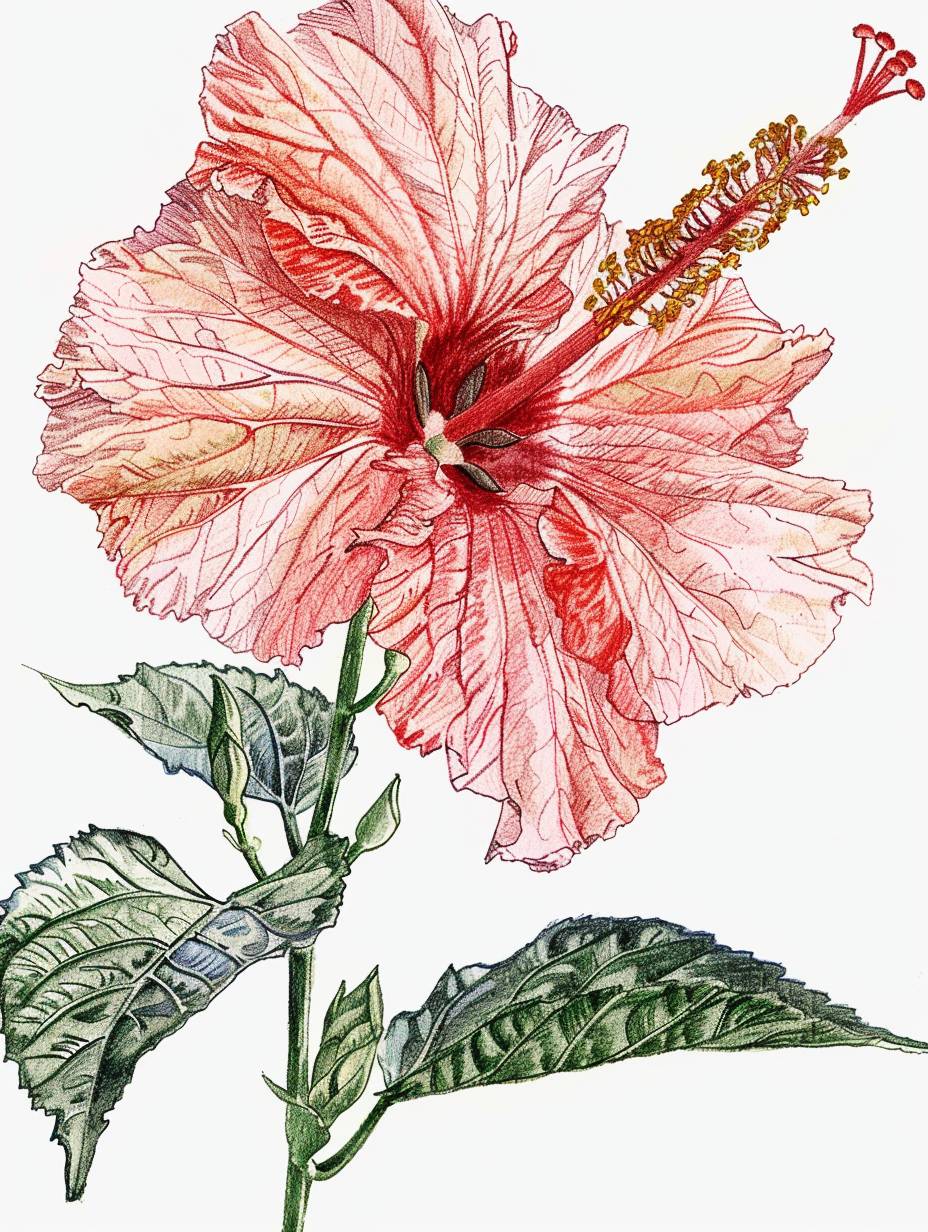 Minimalism and flat illustration, extremely close-up shot of Hibiscus, colored fiber, white background, lino cut, ballpoint drawing art style, continuous line drawing, one line art, linearism, fiber art, clear lines, clean images, minimalist composition, traditional Chinese color matching, meticulous Chinese painting style, Chinese Xuan paper texture, by Will Barnet, Giselle Dekel, James Turrell, Nick Veasey, Fuji Color Superia X-TRA 400, ultra detailed, UHD, 16K - ar 3:4 - v 6.0