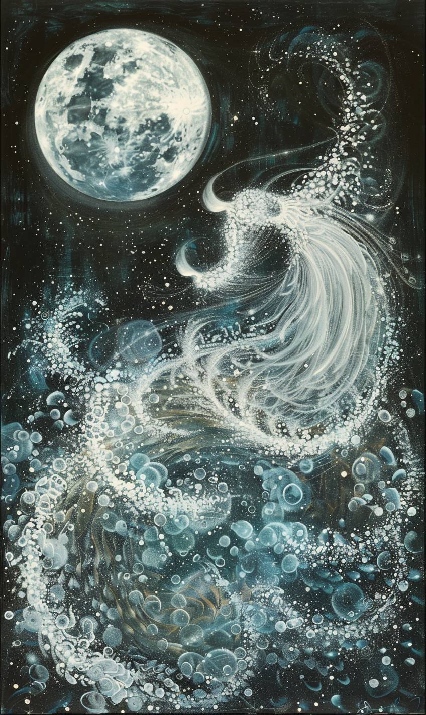 In the style of Barbara Takenaga, ethereal beings dancing under the moonlight