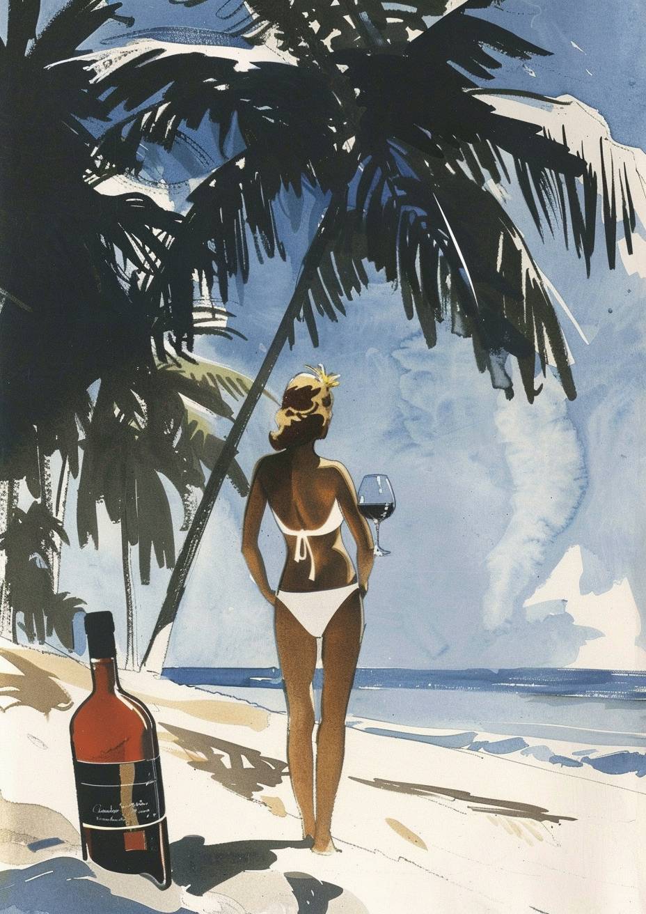 美しい水着モデルがいる熱帯ビーチのボトル、デジタル加工された画像スタイル
