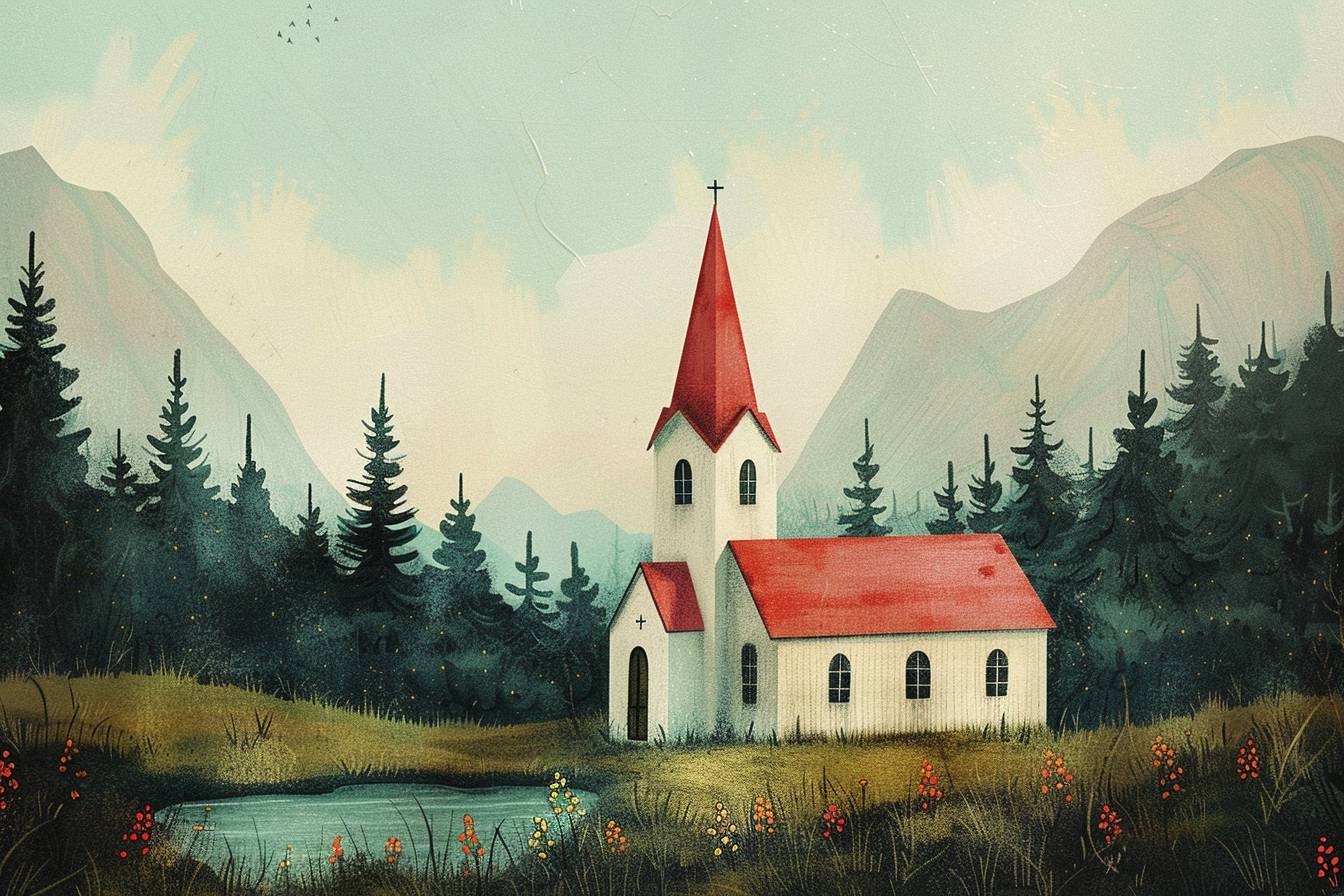 Oliver Jeffersのスタイルで、見事な自然風景、教会