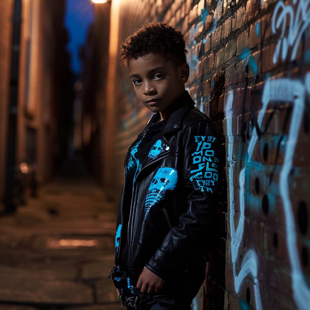 A model child male in a black leather jacket with neon icy blue graffiti-style patches, leaning against a weathered brick wall in a dimly-lit alleyway, bathed in the flickering light of a streetlamp. The wall is covered in graffiti, and the alleyway is filled with shadows. The model's silhouette is highlighted by the streetlamp's light, creating a sense of mystery and intrigue. The model is looking directly at the camera, with a confident expression. The overall mood is gritty, urban, and rebellious --style raw  --v 6.0