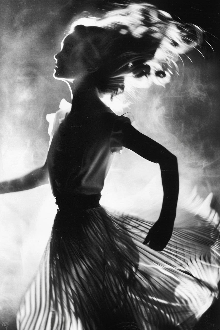 In style of Lillian Bassman, Whispering winds carrying echoes of the past