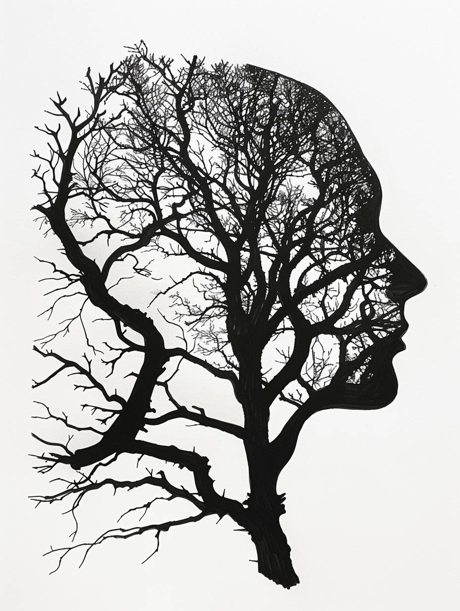 Ink drawing of an abstract silhouette of trees in the shape of a human head and neck, with branches forming arms and leaves as hair, minimalistic and monochrome with simple elegant lines in the style of an abstract silhouette.