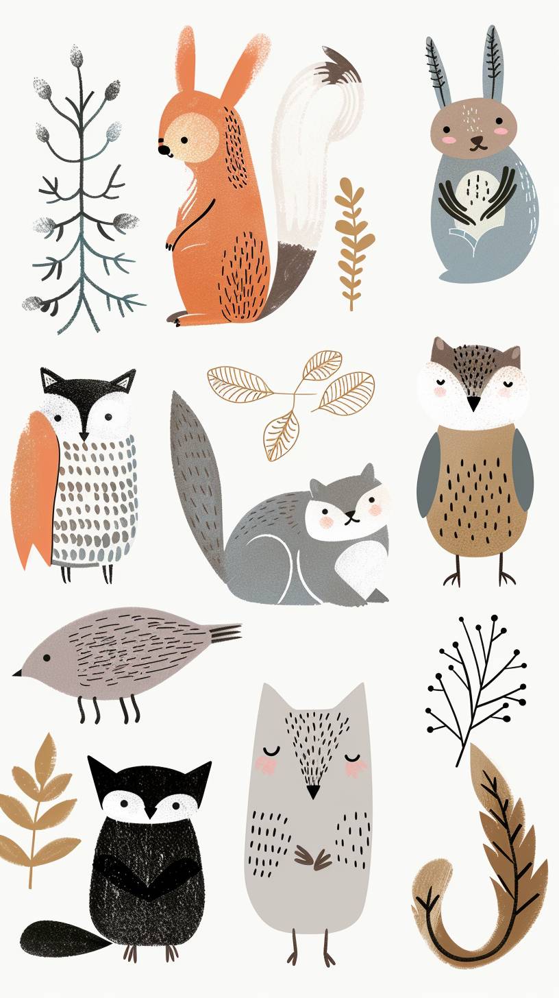 Cute animal cliparts, organic forms, in the style of Jon Klassen, desaturated light and airy pastel color palette, nursery art, white background