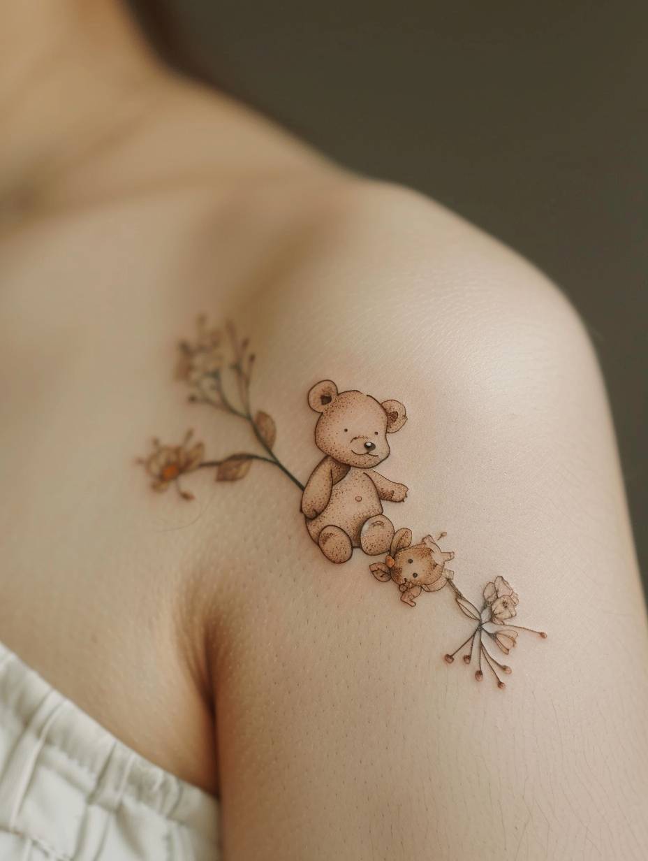 Girl's shoulder, clean and white skin, a tiny tattoo, a cute baby bear and honey tattoo, stick figure, simple, color image, beautiful light, close-up, photo style