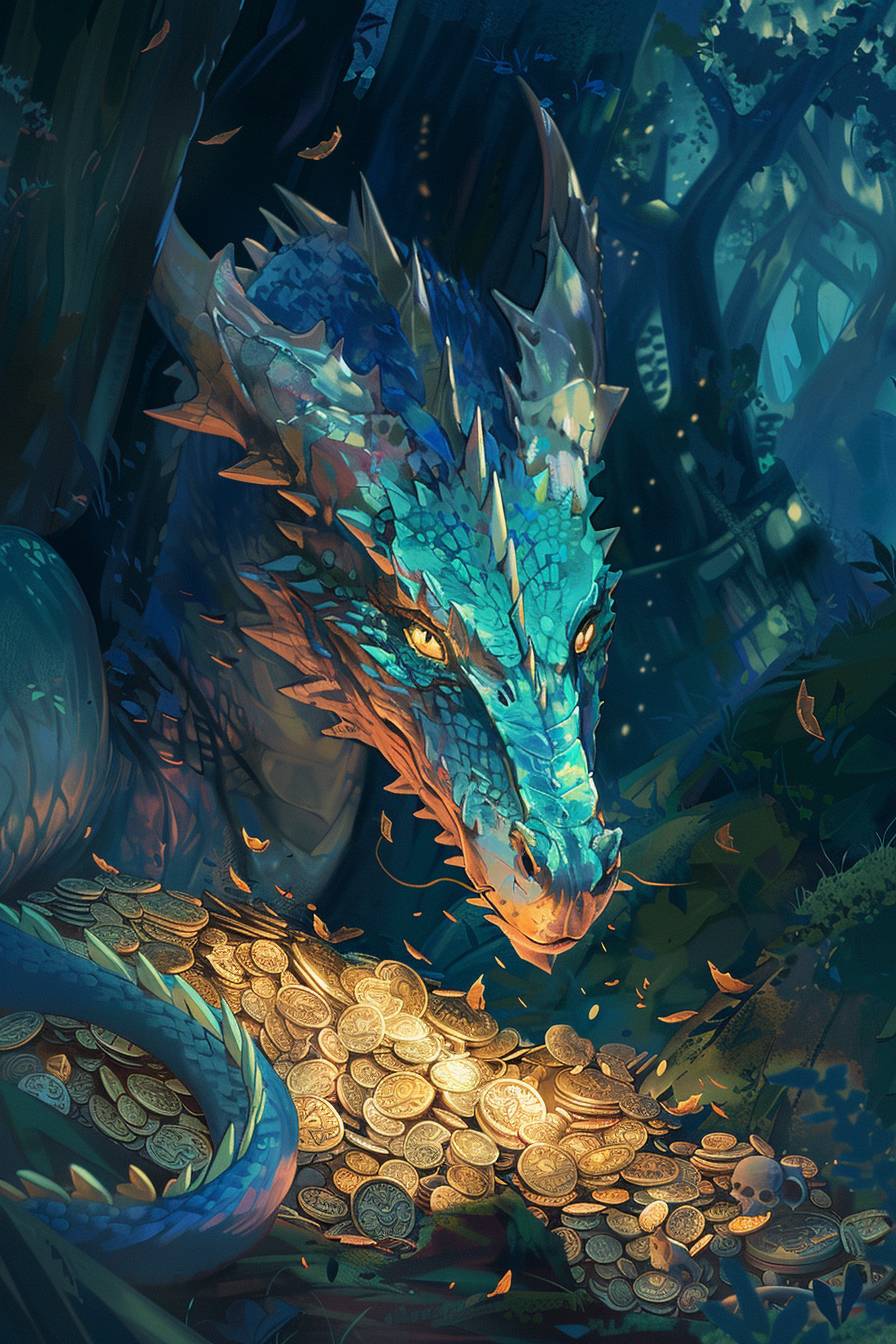 In the style of Makoto Shinkai, a mythical dragon guarding a treasure hoard
