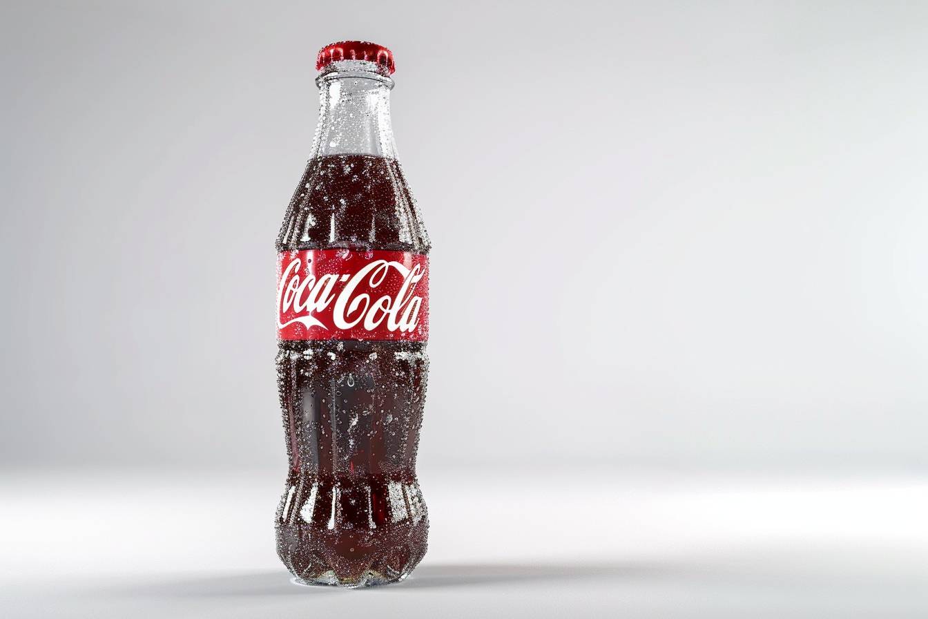 A highly detailed, ultra-realistic, professional product advertisement photograph of a Coca-Cola glass bottle on a white background with beautiful lighting and reflections, cinematic dramatic lighting, 8k, photorealistic, hyper-realism, physically based rendering