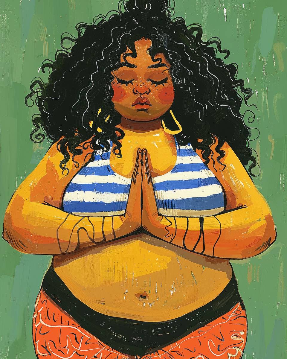 An illustration of an overweight woman wearing a blue and white striped top, doing yoga, stretching her arms, bending one leg. Her pose appears casual yet powerful, with flat comic colors, bold lines, vivid colors, simple details, and a minimalistic style.