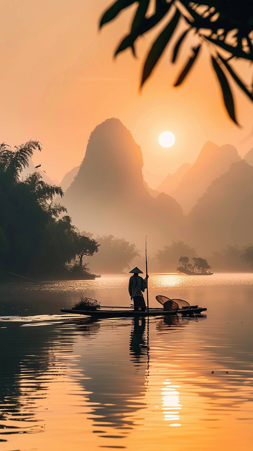 An Asian fisherman on a lake at sunrise, taken with a mirrorless camera, early morning lighting, nature photography