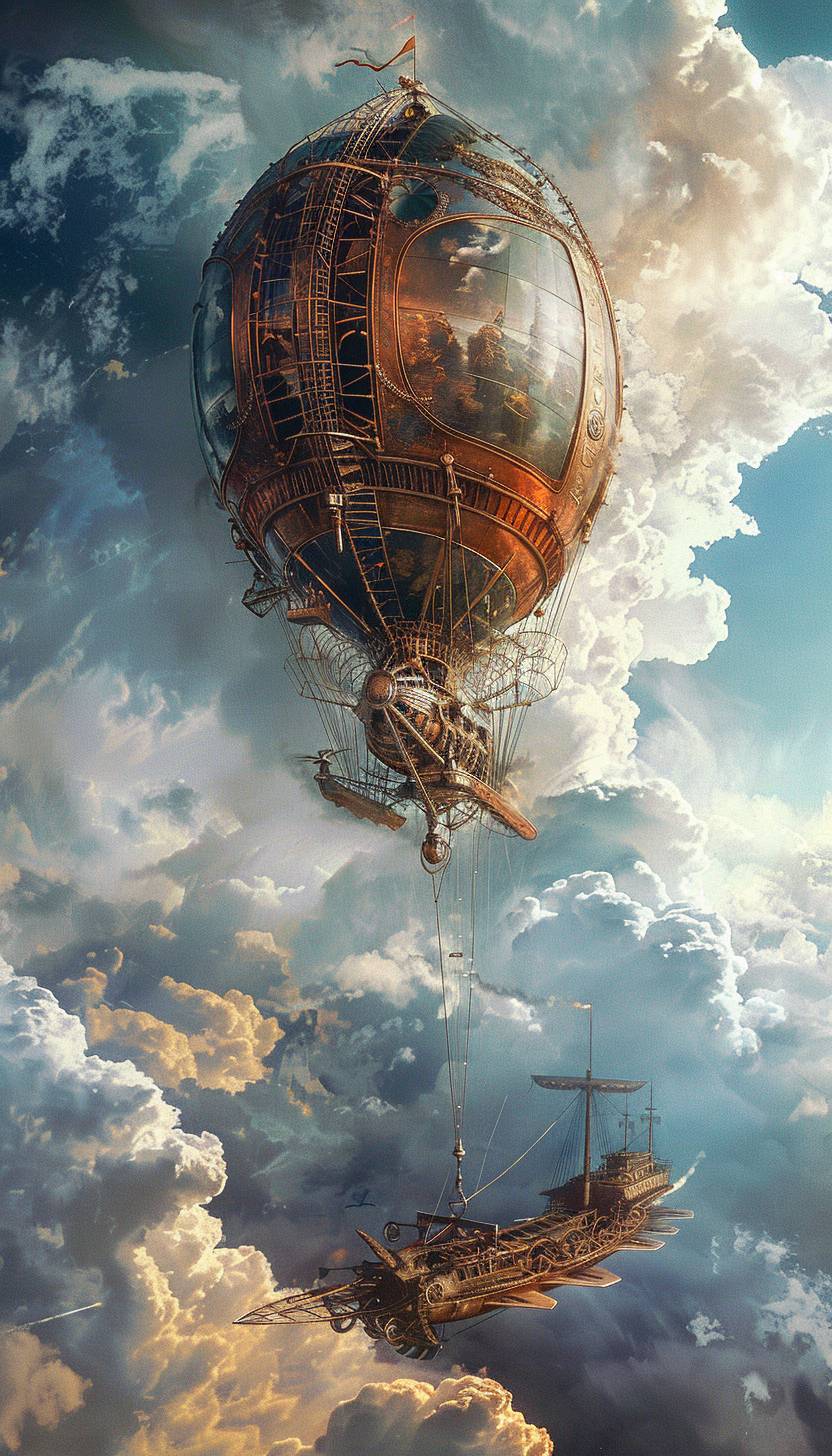 In the style of Georg Jensen, Steampunk airship gliding through the clouds --ar 4:7  --v 6.0