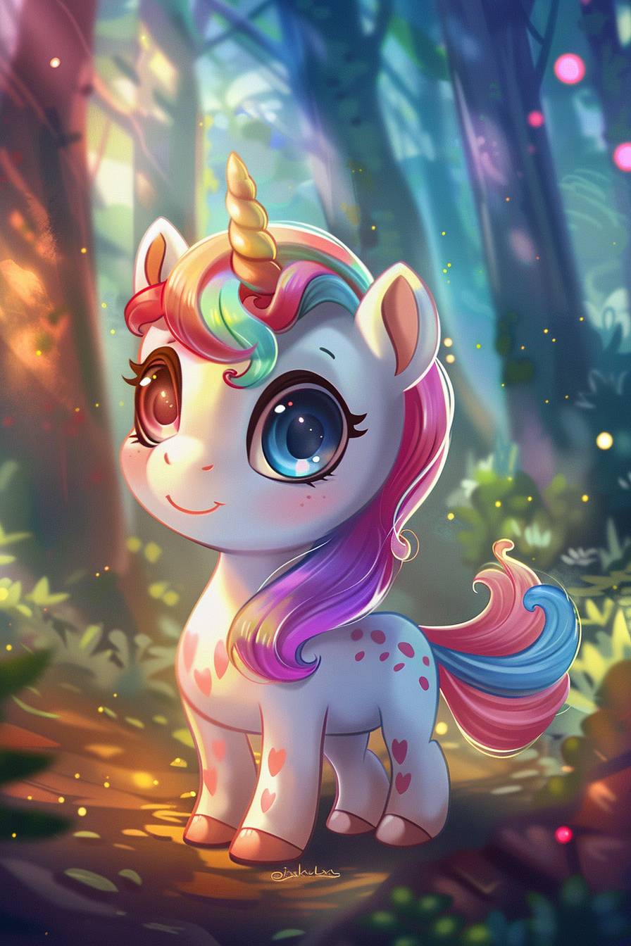 Chibi style, magical unicorn in the style of, cute background, 2D game art, high resolution, in focus