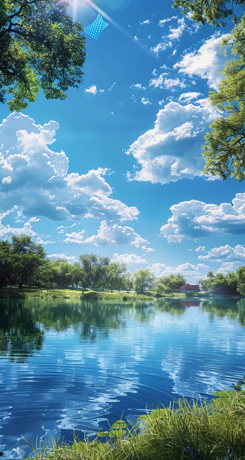 青い空、白い雲、湖の水面、岸辺の木々、その前の芝生、湖の景色、緑の森林景観エリア、松の木の上に浮かんでいる青い横断幕、遠くの小さな赤い家、雲の影、リアルな写真、高解像度の画質。