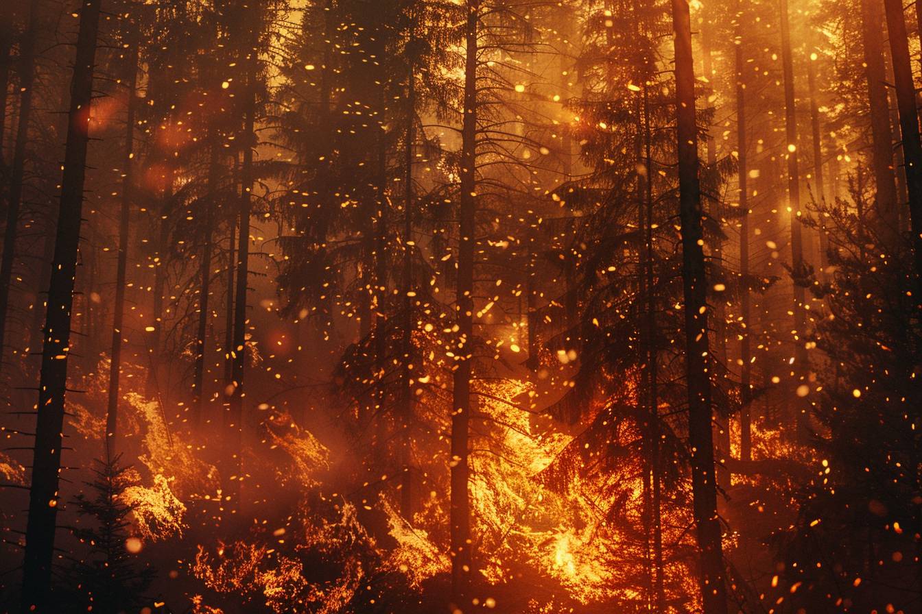 『Fleeting Flames』の森は、エメラルドグリーンの原始的で野蛮、オレンジ色で制御不能な轟音を上げる燃える炎によって包み込まれました。--ar 3:2 --style raw  --v 6.0