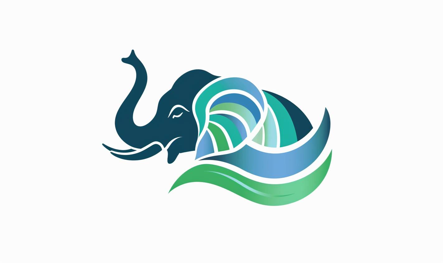 Logo, consisting of abstract shaped style, Blue and green wave elements with an elephant trunk, simple minimal, in the style of Rob Janoff, white background color, vector art design for a web app logo