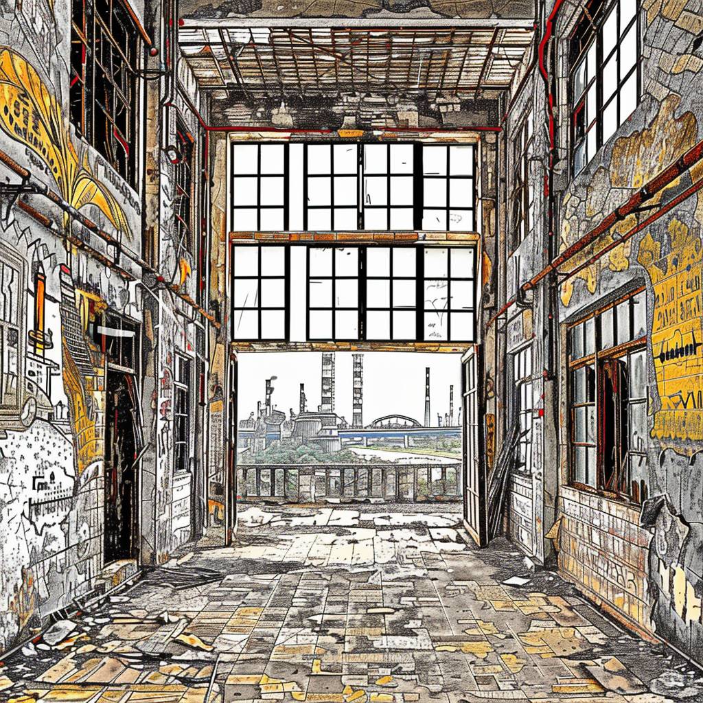 Abandoned factory, industrial decay, color highlights, monochrome, harsh angles, eerie, long shot --raw style --sref 4161044296 --p b1oftln --v 6.0