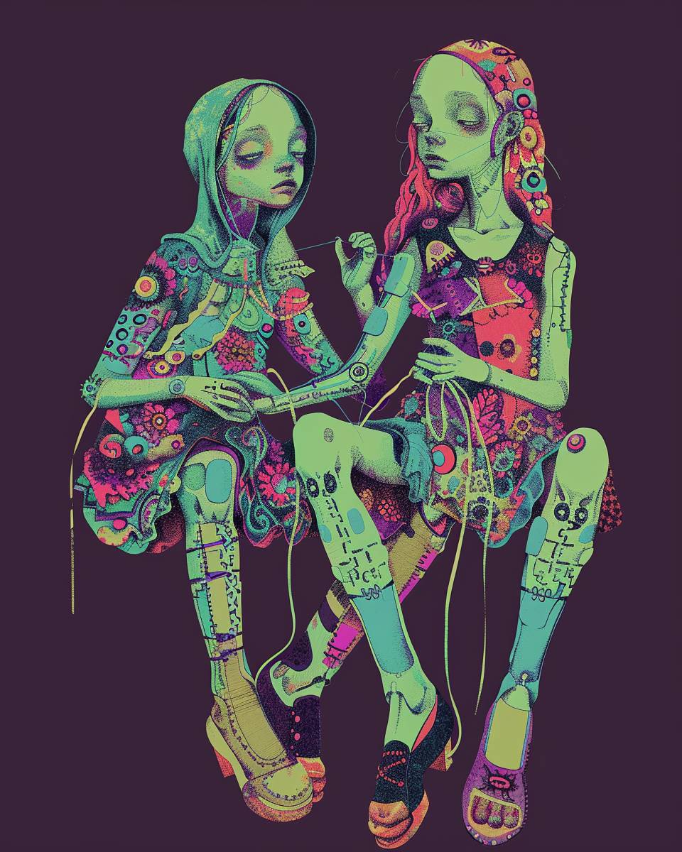 A girl with long legs is sitting next to another girl, they have threads and sewing needles in their hands, they sew each other to each other, one girl has light green skin and is covered with patches of fabric, the girls are dependent on each other, they look like dolls, in the style of surreal abstraction, neo-traditional Japanese, cyan green and dark purple, dreamlike illustration, Inuit art, colorized, fashion-illustration