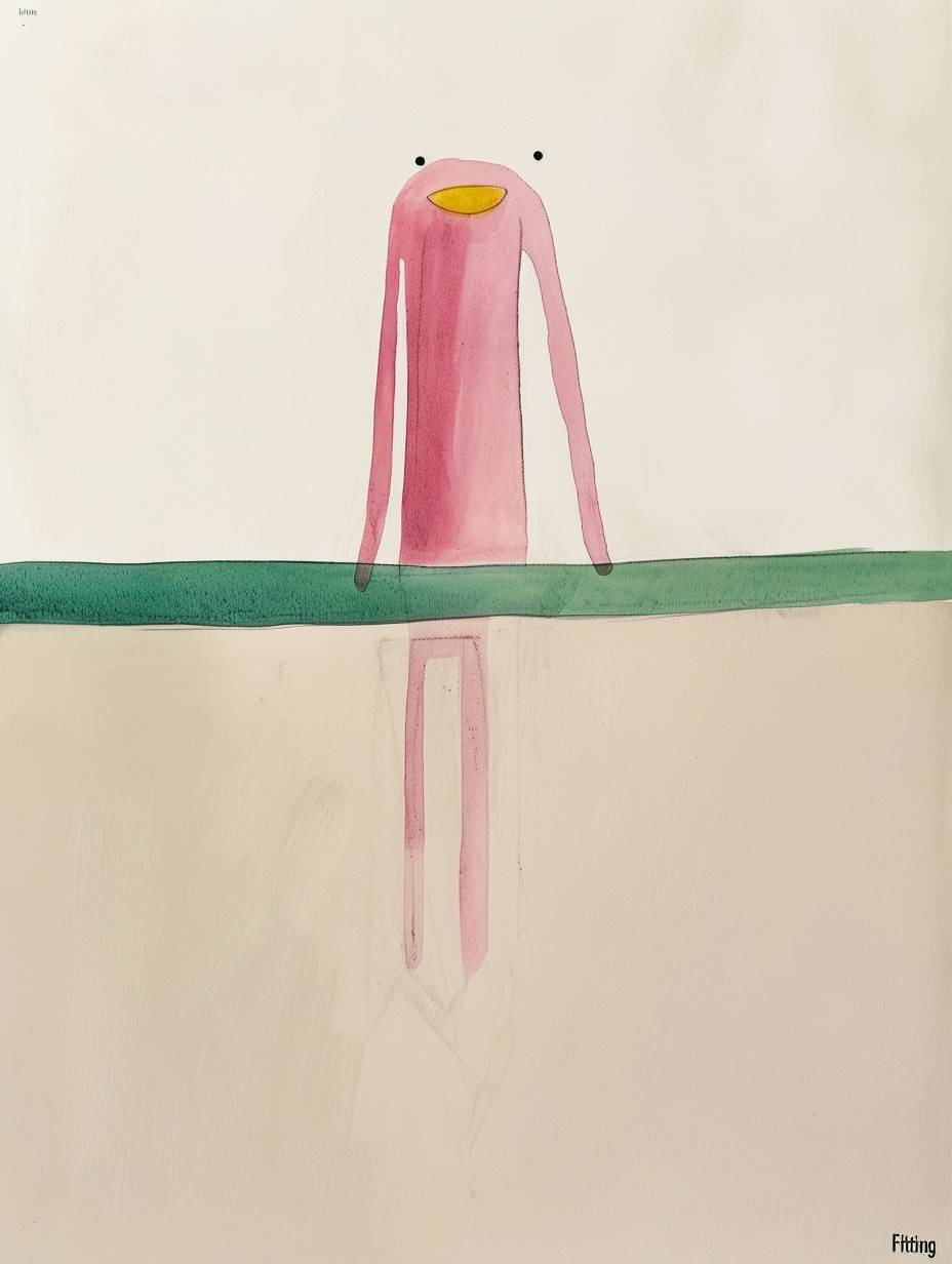 A cute pink creature with a long body and a yellow smiley face, standing on a green bar in the style of Jon Klassen's book 'Fitting', a simple minimalistic drawing with a white background and simple shapes in pastel colors.