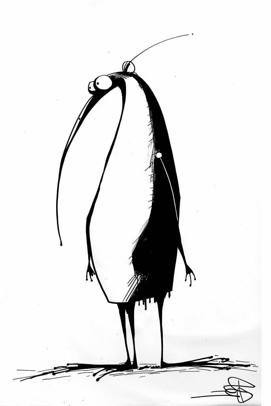 In style of Tomi Ungerer, character, ink art, side view