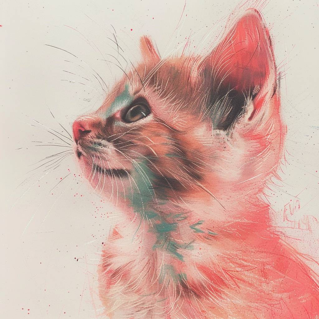 パステルマーカーのスタイルで描かれた子猫の絵、個性的なキャラクターデザイン、パステルオイル、微妙なトーン、CuteCore、赤