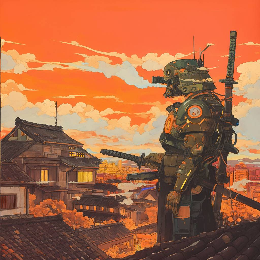 Contemplating cyberpunk samurai scene by Katsuhiro Otomo