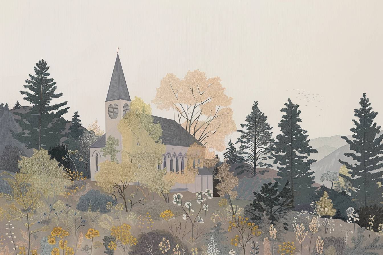 In the style of Harriet Lee-Merrion, stunning natural landscape, church