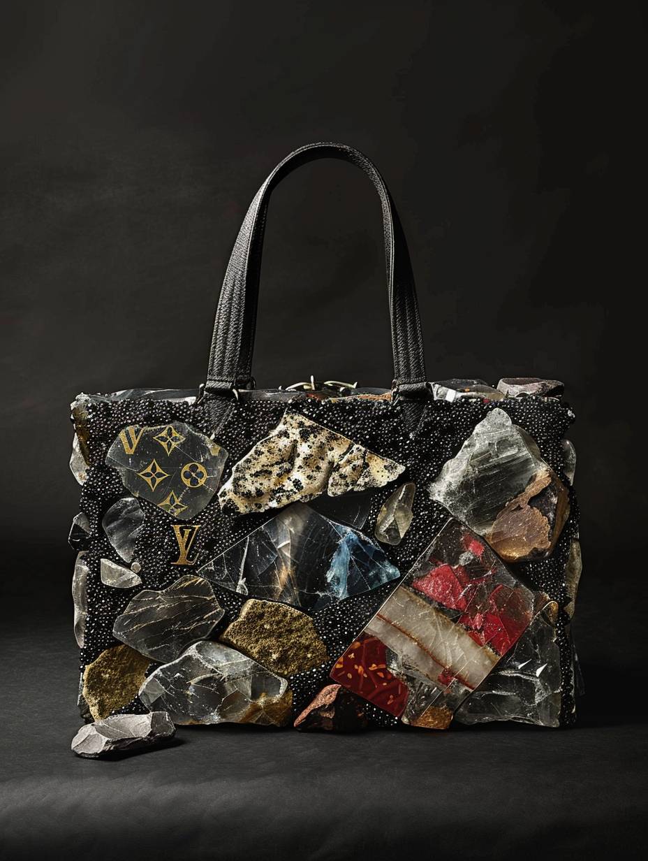 A Louis Vuitton bag made of rocks, a combination of rock and gemstones, luxury bag, fragmented composition