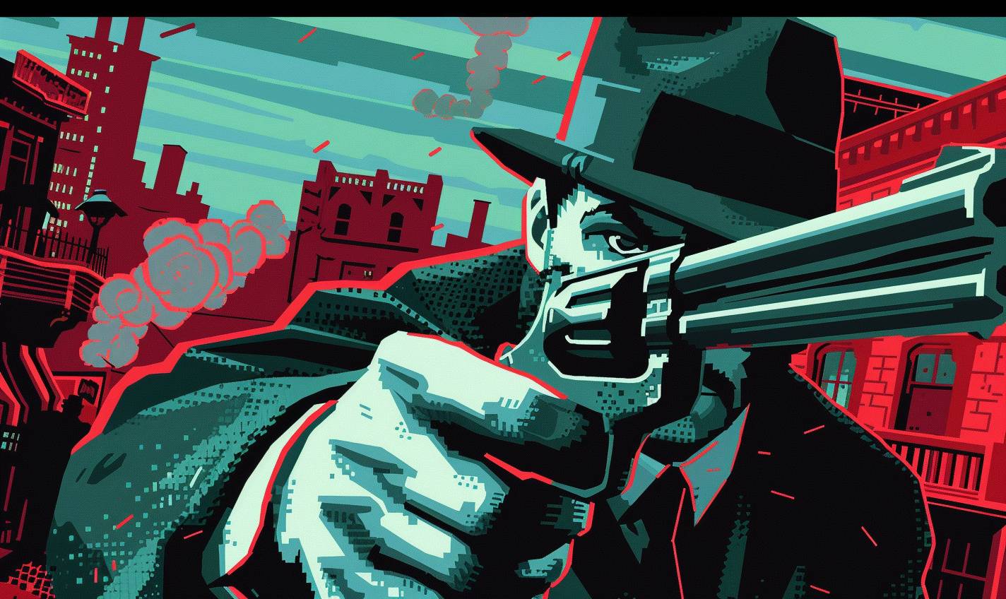 8-bit pixel art close-up of a ruthless gangster with a fedora holding a tommy gun looking at the camera in front of a speakeasy, with a 1920s city background, using flat colors, simple shapes, video game design style with a dark palette, high contrast, pixelation, and low resolution, gritty textures, dynamic action pose, pixel art face and close-up view