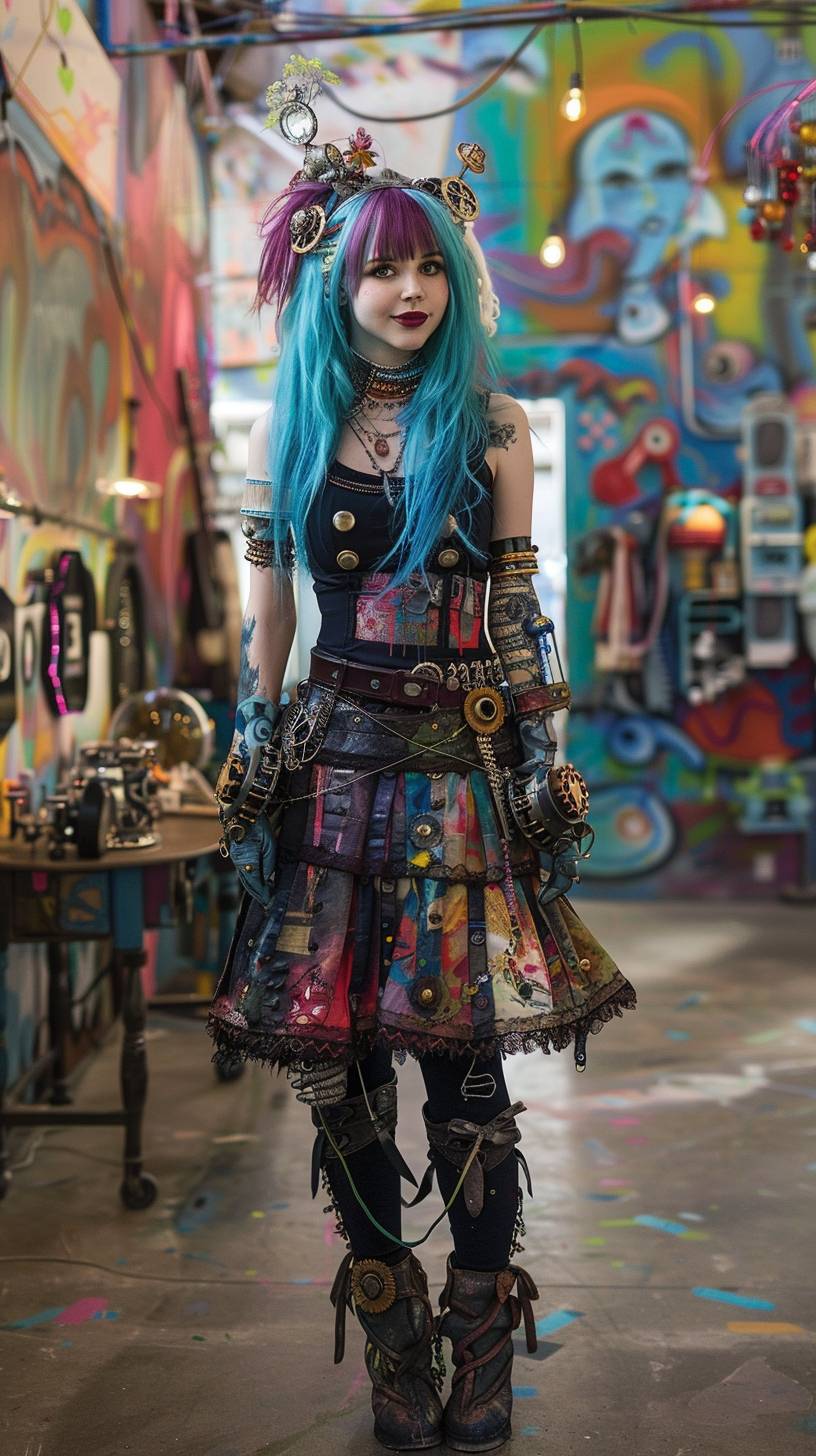 Medium shot of a young woman with bright blue hair, dressed in a steampunk outfit adorned with metallic gears, standing in a brightly lit room filled with colorful abstract art