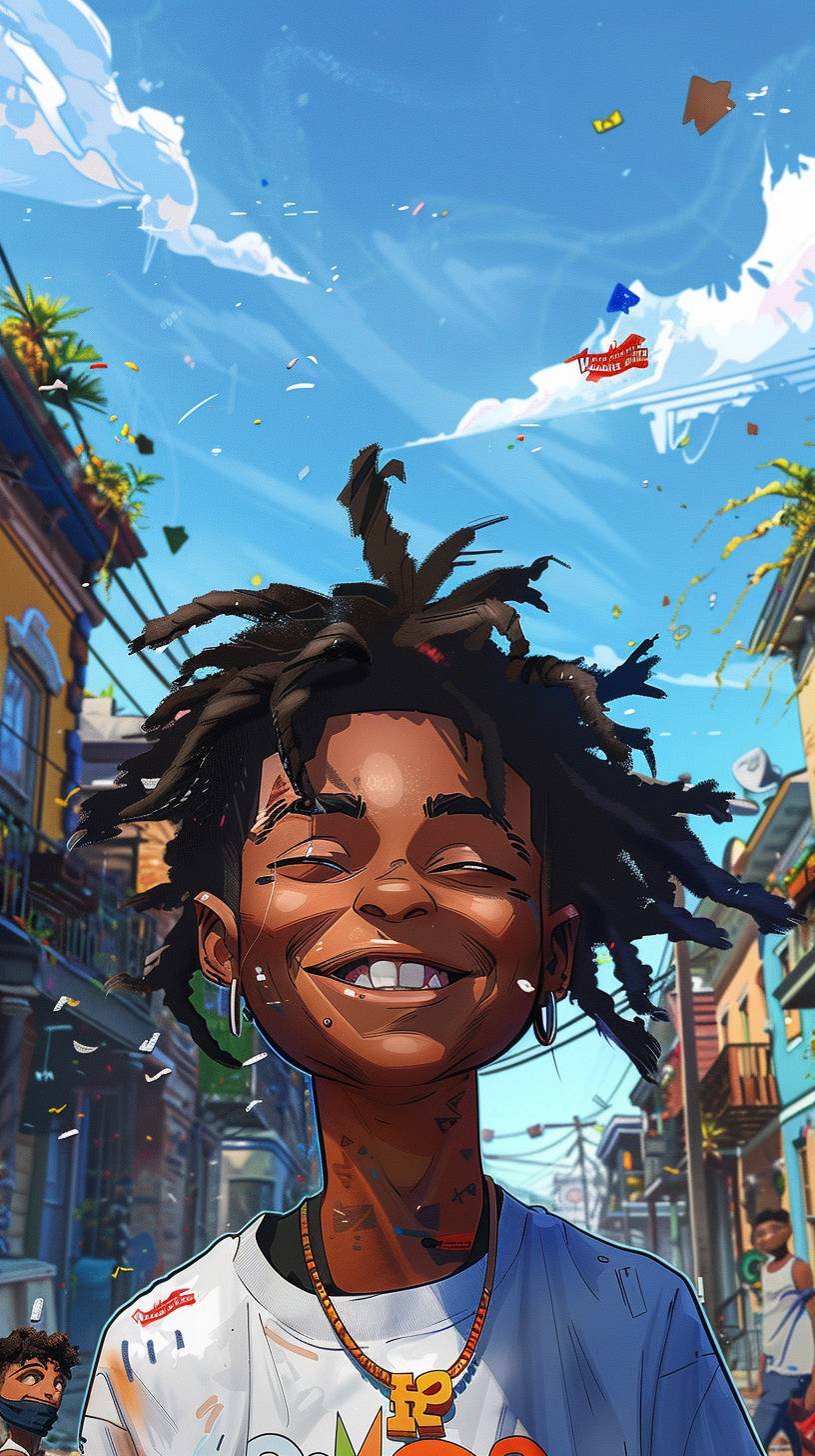 Anime-styled illustration in a blend of Boondocks cartoon and Pixar styles, offering a gritty yet vibrant atmosphere set in a cozy, lively New Orleans neighborhood. The narrator, with a warm smile and a unique anime appearance, is surrounded by people sharing happy moments. Designed for YouTube Shorts. 4k resolution, version 6.1