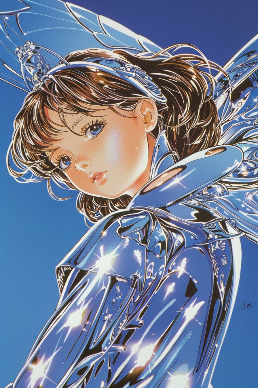 Cardcaptor Sakura, animation, by Hajime Sorayama, chrome set with silver and chrome accents highlighted, vintage animation, dynamic energy, silver accent, pure vibrant blue background