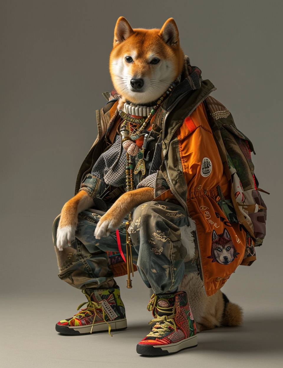 In the style of a fashion shoot, a photo of an anthropomorphic Shiba Inu dog wearing large hiphop clothes from the 1990s and sneakers, fantasy, insanely detailed and intricate, hypermaximalist, high fashion.