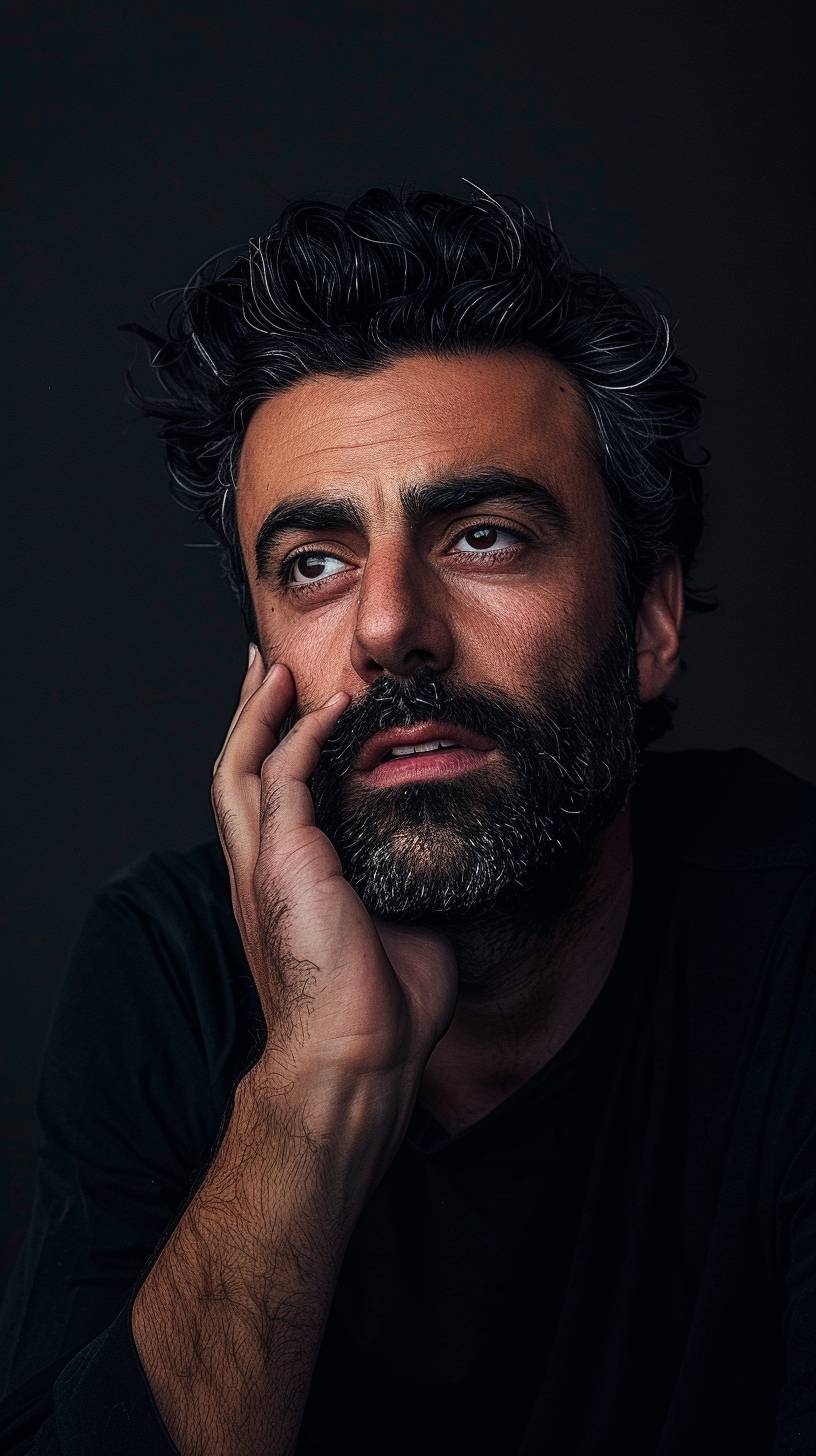 Portrait of Oscar Isaac against a black background, with his hand on his chin and head tilted to the side in the style of a studio portrait. Soft lighting and a portrait lens were used with a high resolution camera to capture the image.