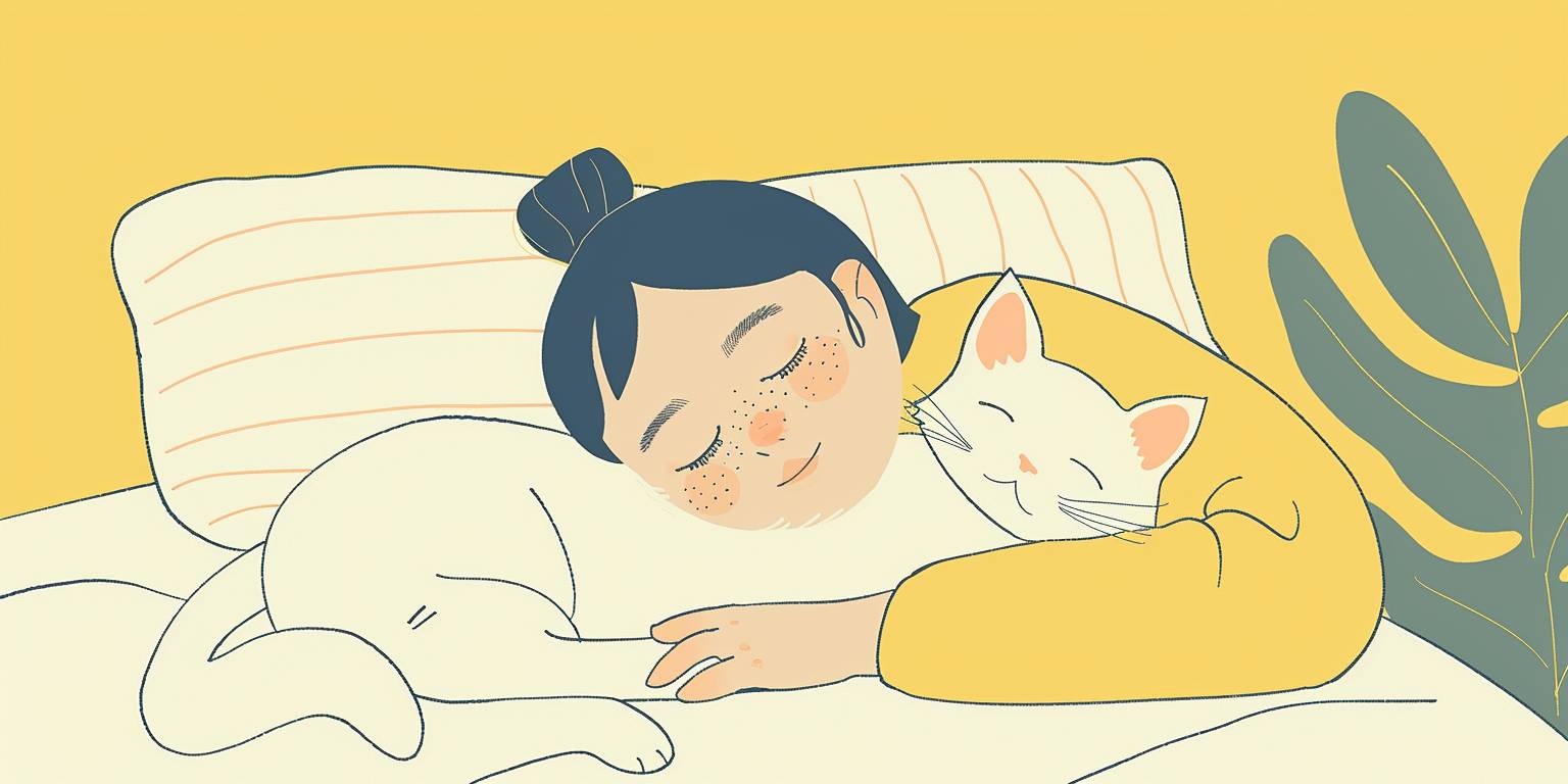 A little girl is sleeping on the bed, holding a white cat, in the style of a simple flat illustration with a yellow background and black outline, a cute cartoon character design, a full body portrait, a simple drawing style with simple lines, minimalism, vector graphics, colorful animation stills of cartoonish characters with bold lines, playful line drawings, flat pastel colors, illustrations fitting for children's books, animated gifs with minimalist portraits on a white background using solid color blocks and low saturation high contrast colors.