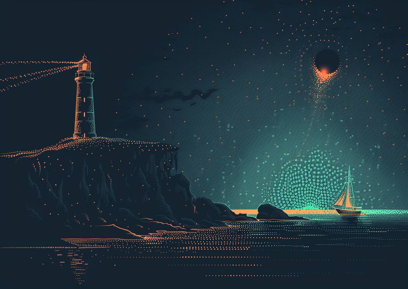 A vector illustration on a blank canvas, using teal and copper phosphor dots of varying sizes, forming a lighthouse perched on a cliff, eponymous sailboat, negative space