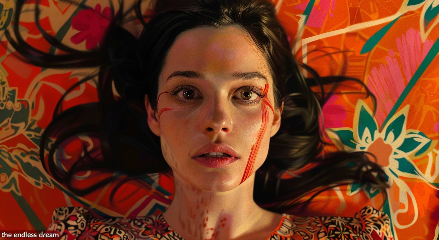 Screengrab from the film 'The Endless Dream' by Paul Verhoeven. A beautiful woman with dark hair and brown eyes laying on an orange patterned background in Greek style art, a red line of paint running down her cheek, painted in vibrant colors, close-up shot, symmetrical composition, surrealism, epic scene, wide angle