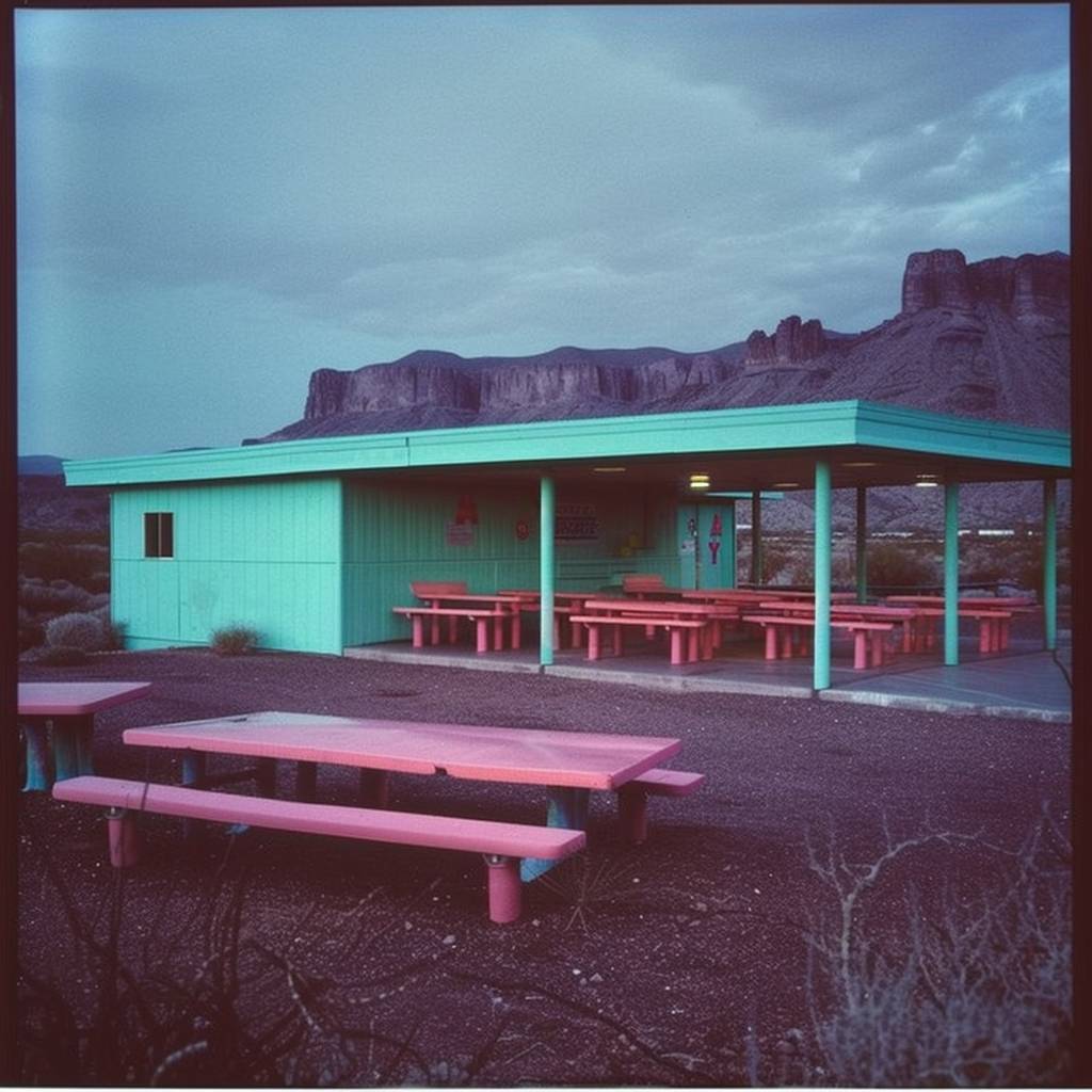 1980年代風のダークパープルとフルオグリーンのスタイルで、アリゾナのダイナーのミニマリスト写真。
